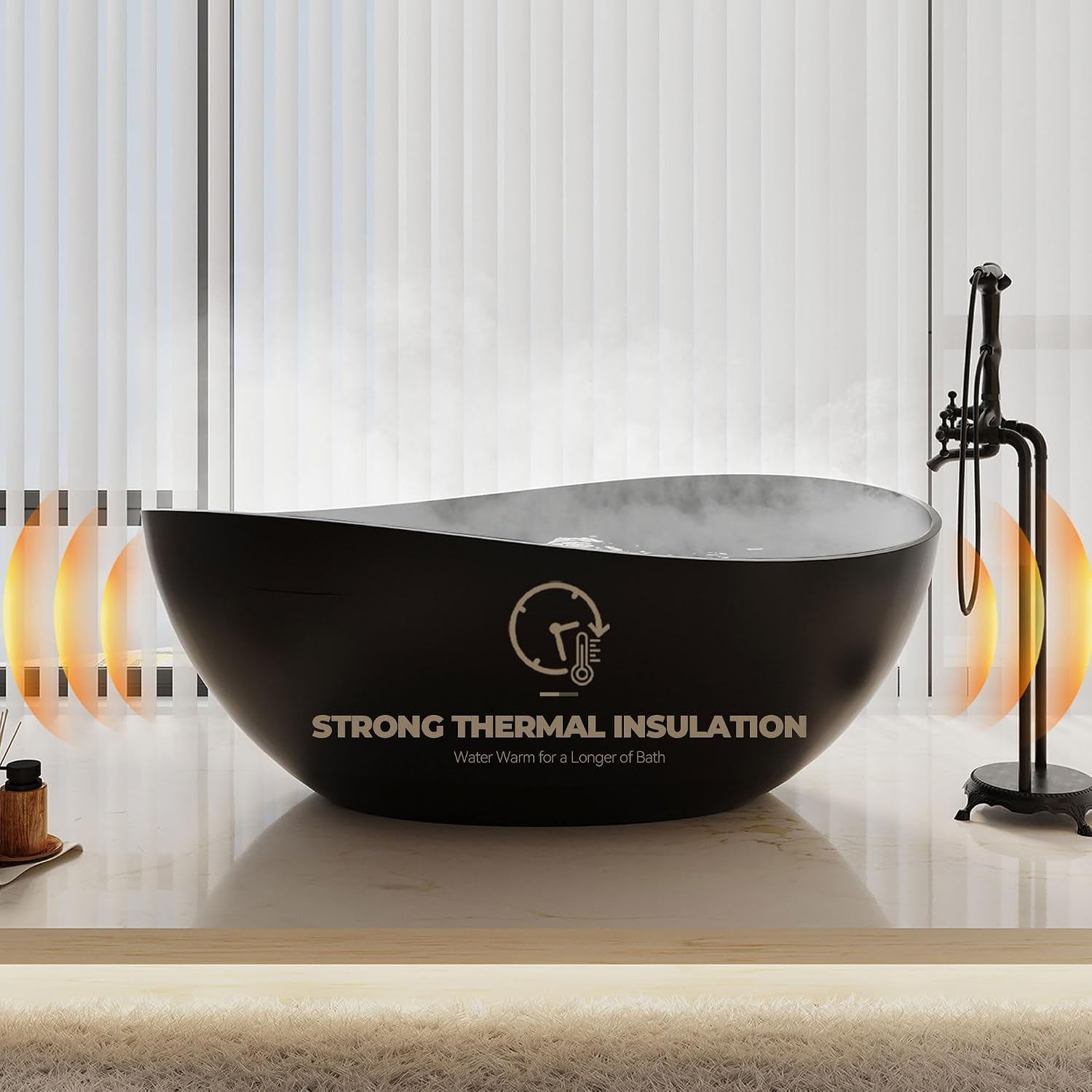 CASAINC 63' Free Standing Tub, Matte Black Stone Resin Freestanding Bathtub Solid Surface Soaking Tub with Drain, Drain Hose & Sanding Paper
