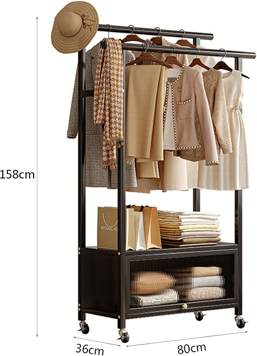 Clothing Rack, coat rack with Wheels Rolling Clothes Rack with Storage Coat Rack Stand Modern Garment Rack for Bedroom Boutiques Heavy Duty Coat Hanger Rack
