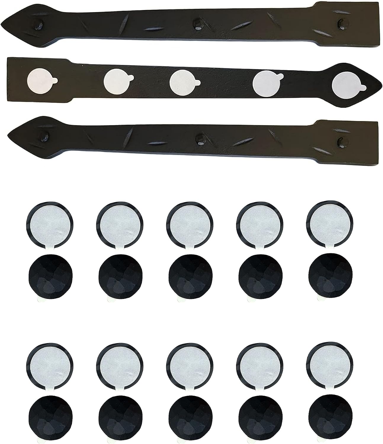 The Rustic Express - Dome Top Round, Self-Adhesive Clavo & Strap Kit - Decorative Clavos for Fiberglass, Wood, Metal Doors & Garage Doors - 3 Straps (18'), 20 Clavos (1-1/2') - Black