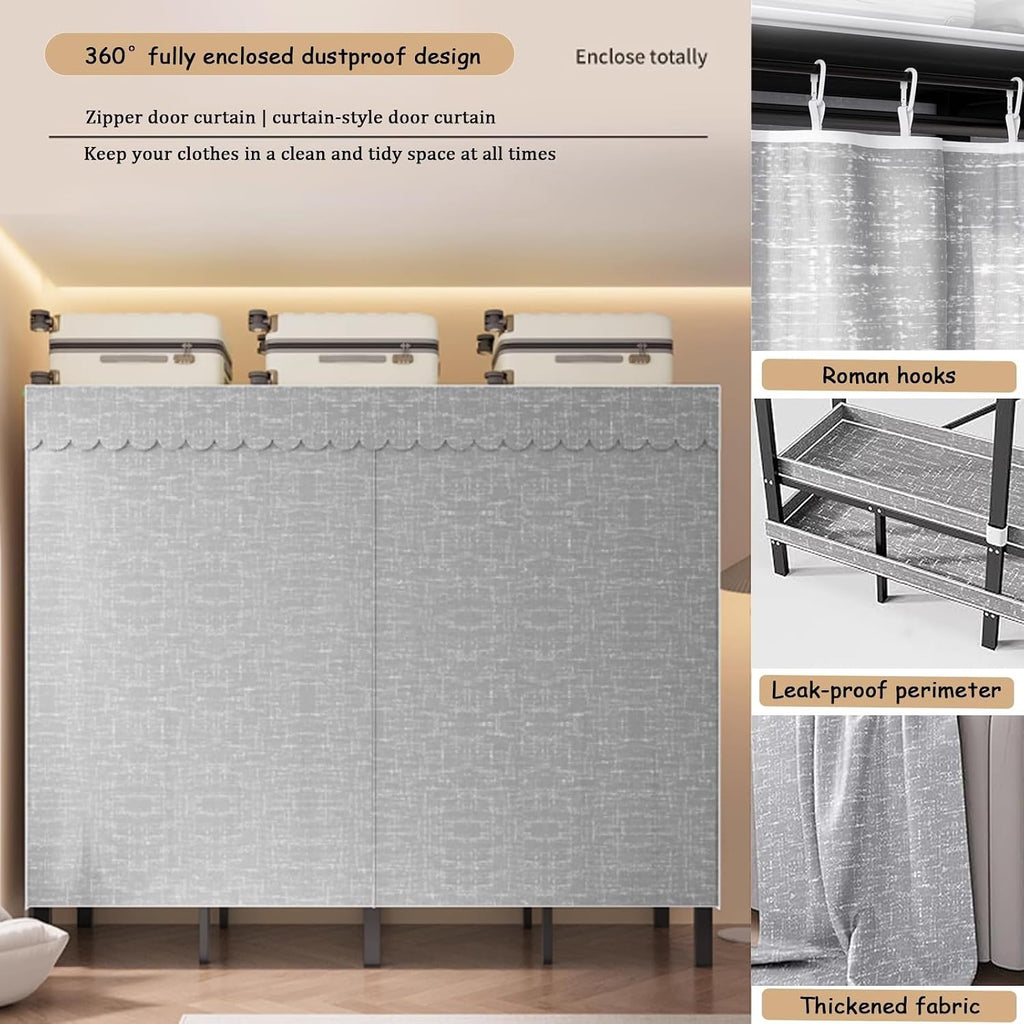 Heavy Duty Portable Wardrobe Closet Rack - Foldable Metal Clothe Rack With Cover, 2000lbs Large Capacity Fabric Wardrobe, Space-saving Wardrobe Clothing Organizer, For Hanging Clothes(203*52*172cm)