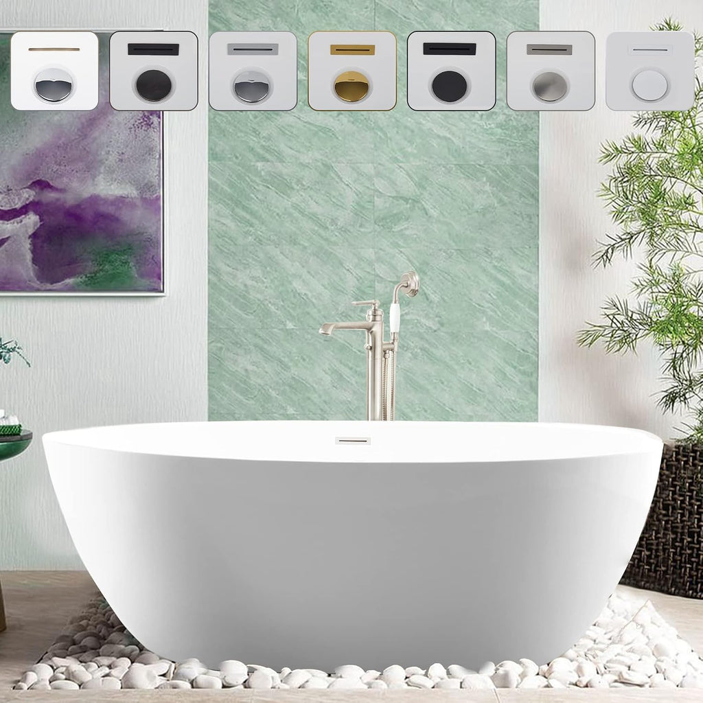Vanity Art 59' X 32' Freestanding Bathtub | Home Improvement Bathtubs with Contemporary Design for Soaking and Bathing, Overflow and Pop-up Drain with UPC Certified, Acrylic, VA6834-PW-M