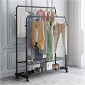 2 Tier Clothes Rail on Wheels, Mobile Modern Clothes Rack Garment Display Stand with 2 Bottom Storage Shelves and Hooks (Black-120cm