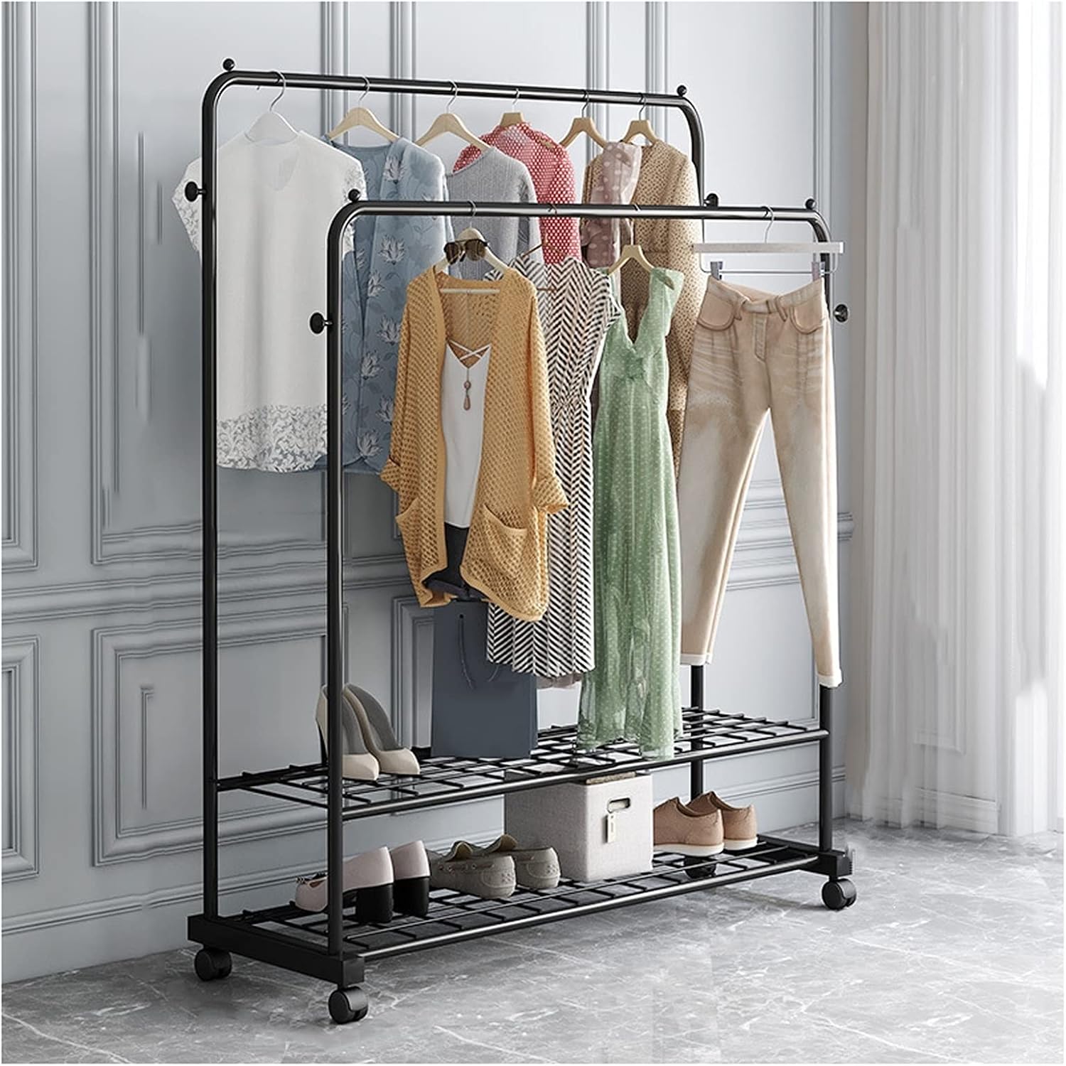 2 Tier Clothes Rail on Wheels, Mobile Modern Clothes Rack Garment Display Stand with 2 Bottom Storage Shelves and Hooks (Black-120cm