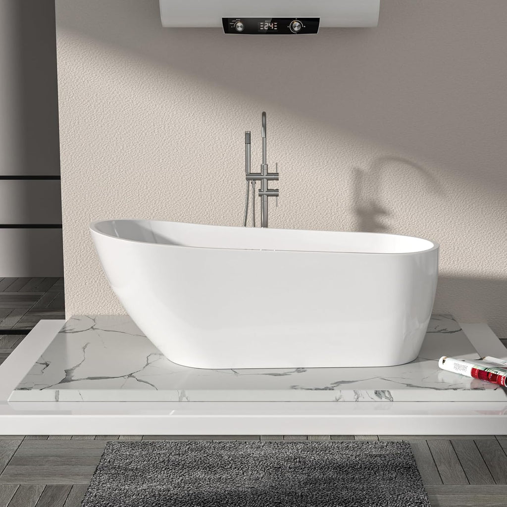 Logmey 67 Inch White Acrylic Freestanding Bathtub Oval Shape Soaking Tub with Chrome Drain & Overflow Assembly for Classic and Modern Bathrooms