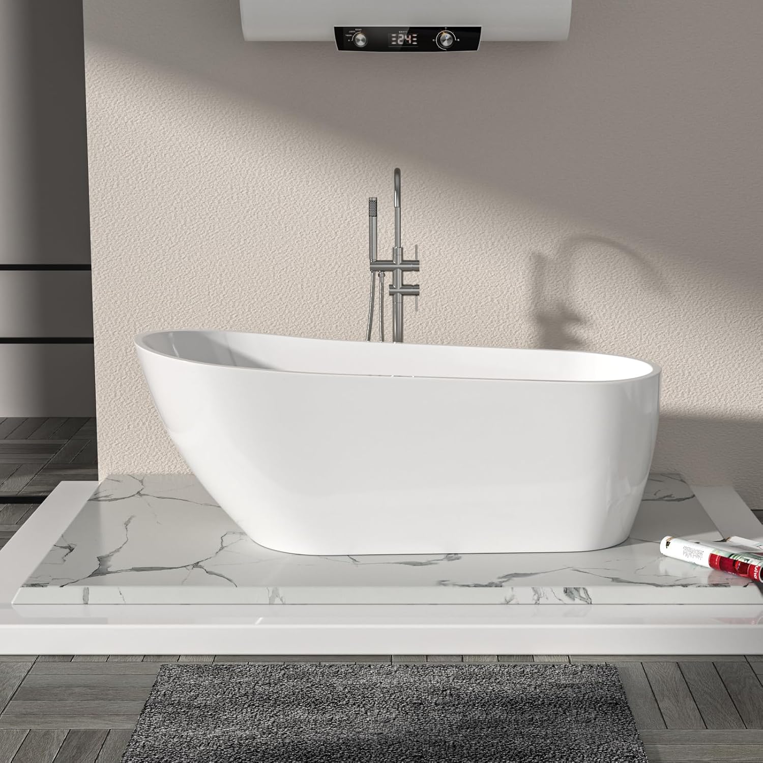 Logmey 67 Inch White Acrylic Freestanding Bathtub Oval Shape Soaking Tub with Chrome Drain & Overflow Assembly for Classic and Modern Bathrooms