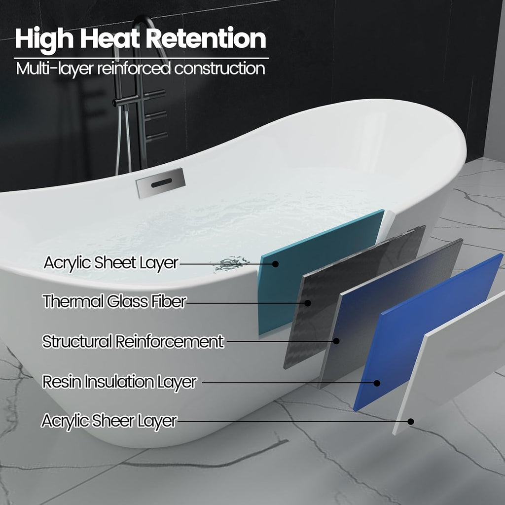 59' Freestanding Bathtub Acrylic Oval Soaking Tub, Chrome Drain and Overflow Cover, Contemporary Stand Alone Bath for Family or Guest Use (Glossy White)
