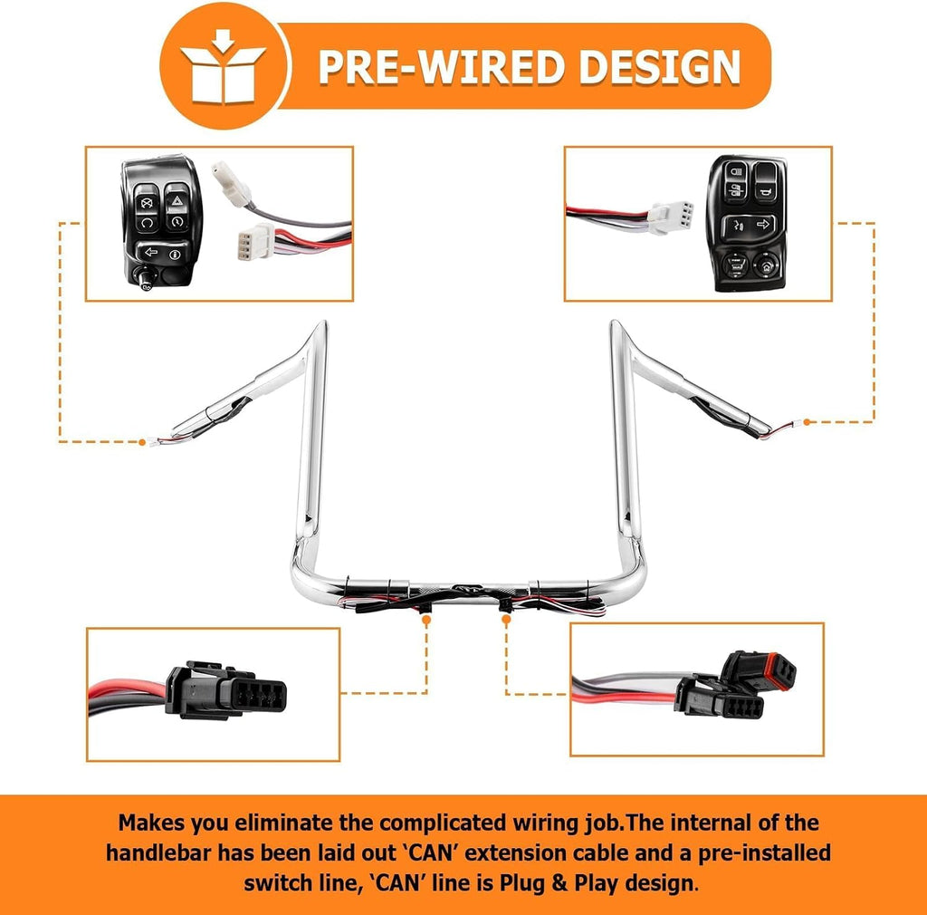 Mofun 14' Ape Hangers Pre-wired Handlebars 1 1/4' Compatible with Harley Touring Street Glide Electra Tri Glide Ultra Limited with Batwing Fairing 2014-2023, Chrome