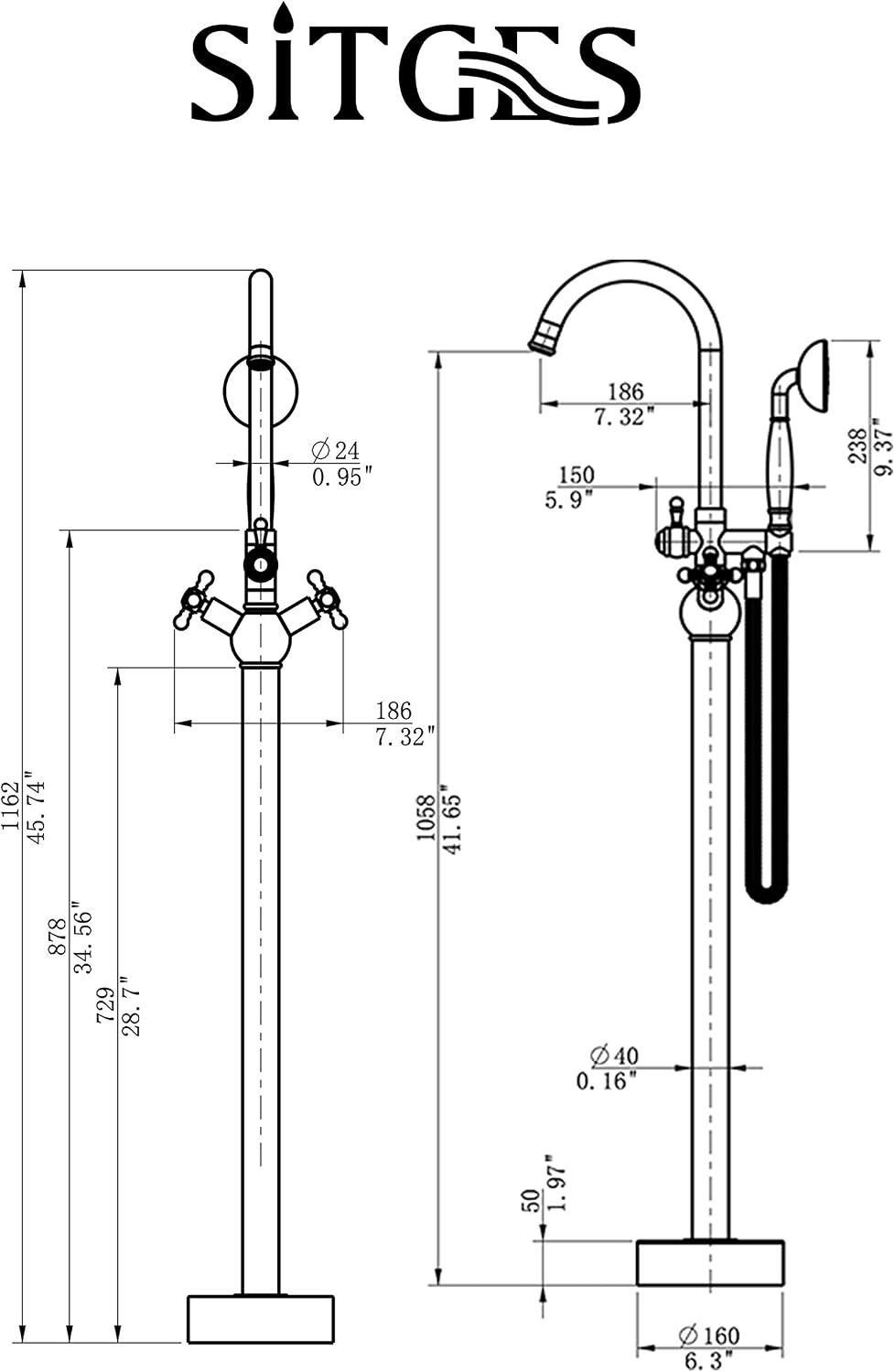 SITGES Solid Brass Freestanding Bathtub Faucet, Bathroom Floor Mount Tub Filler, Dual Function Double Cross Handles with Ceramic Hand shower, Oil Rubbed Bronze