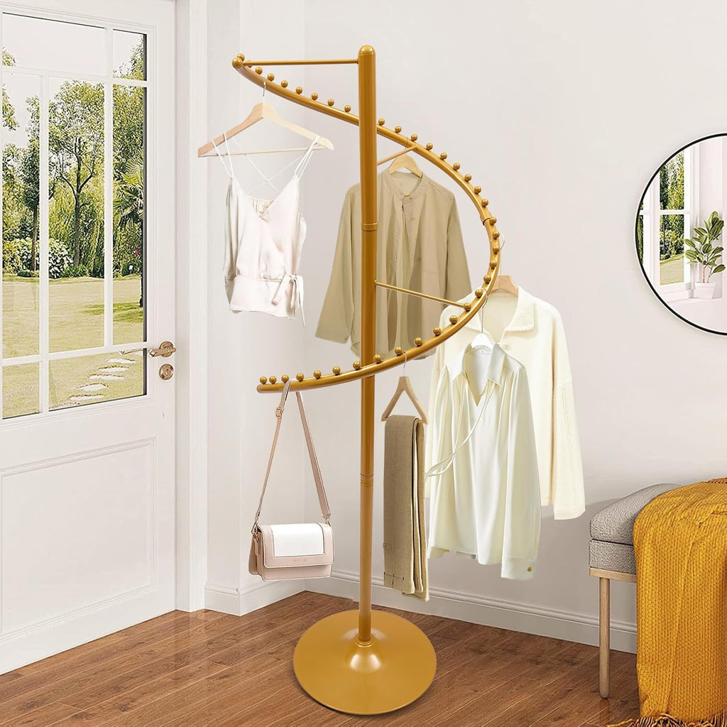 JOMCYDM Spiral Rotating Clothing Rack Heavy Duty Garment Rack Standing Scarf Holder 360 ° Metal Clothes Display Rack for Bedroom Living Room Retail Stores Gold