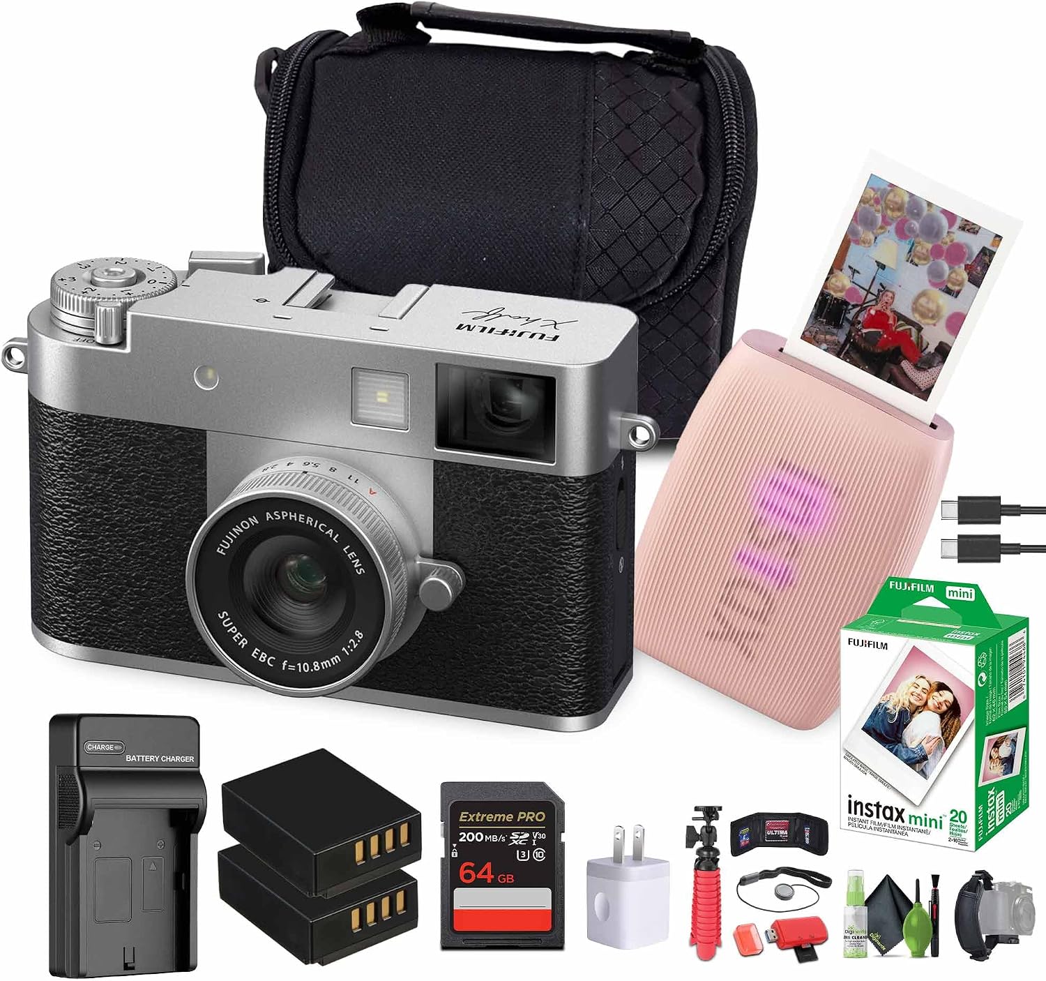 FUJIFILM X Half Premium Compact Digital Camera (Silver) Bundle with Fuji INSTAX MINI Link 3 Smartphone Printer (Rose Pink) + Instax Mini Film + Extra Battery + Charger + 64GB Memory Card + More