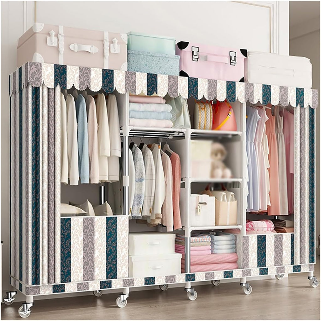 Closet Wardrobe with 360° Wheels 170cm Portable Closet for Bedroom Garment Rack with 2 Clothes Rail and Fabric Cover 6 Compartments (Color : C, Size : 200x45x170cm)