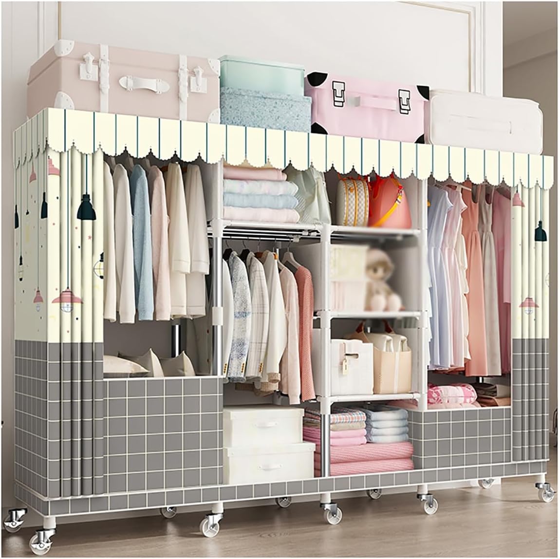 Closet Wardrobe with 360° Wheels 170cm Portable Closet for Bedroom Garment Rack with 2 Clothes Rail and Fabric Cover 6 Compartments (Color : B, Size : 200x45x170cm)