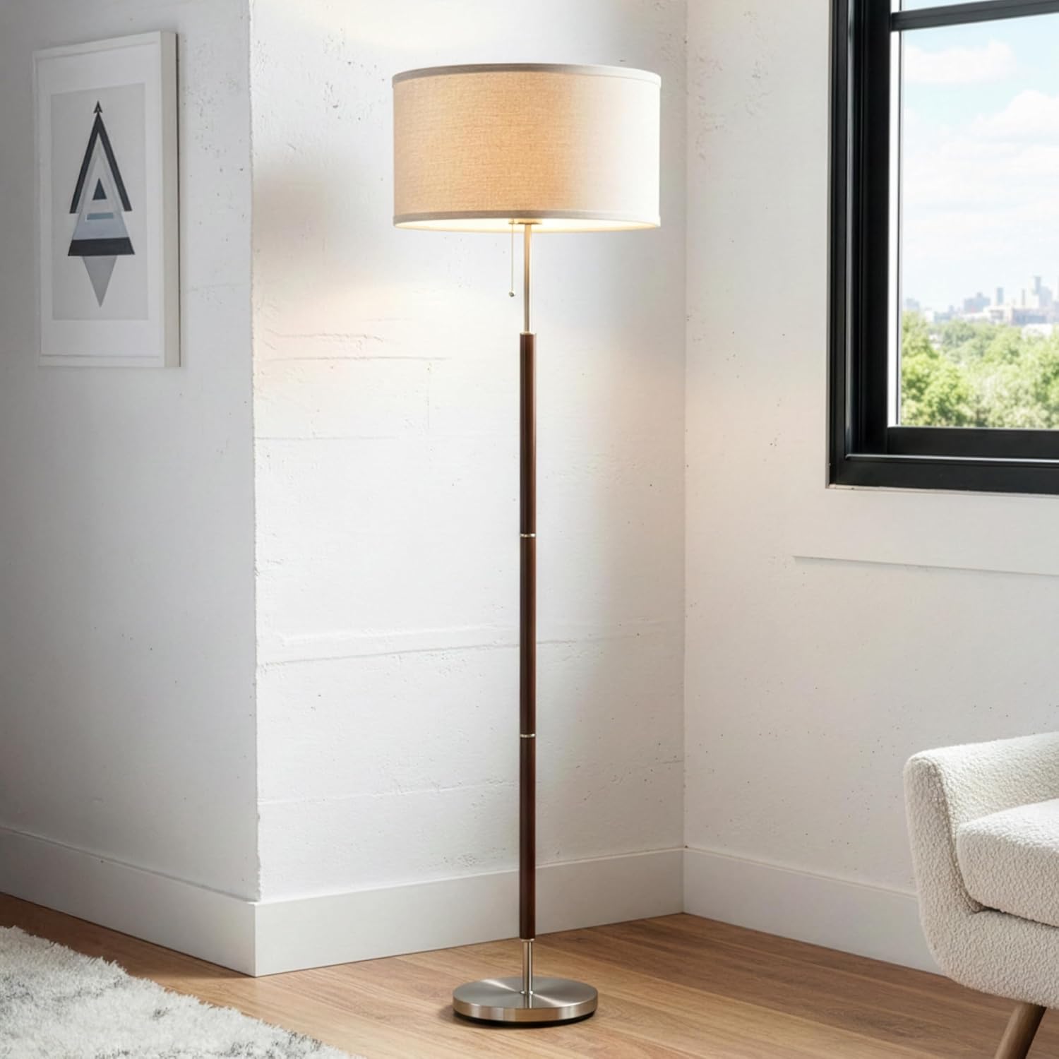 Brightech Carter LED Floor Lamp, Drum Shade with Walnut Wood Finish, Great Living Room Décor, Mid-Century Light for Living Rooms & Offices, Mid Century Modern Lamp for Bedroom