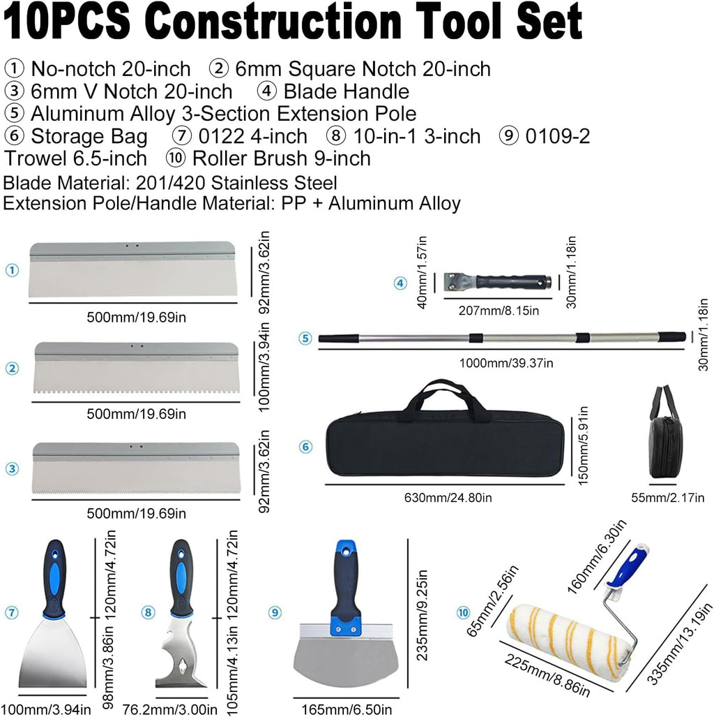 Asixxsix Drywall Knife Set, 10 Piece Stainless Steel Hand Tool Kit with Painter Scraper, Taping knife, Paint Rollers and Extension Pole for Walls, Ceiling and Trim Finishing Patching