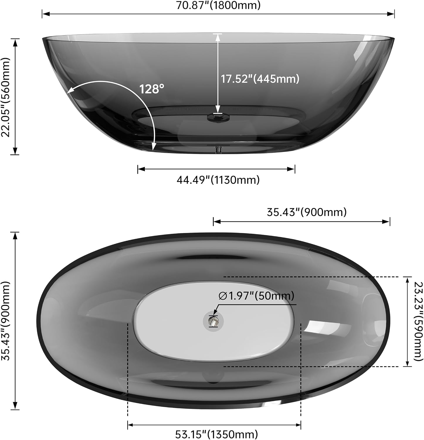 71' Premium Solid Surface Freestanding Bathtub,Modern Design Transparent Grey Stone Resin Soaking Tub with Pop-up Drain