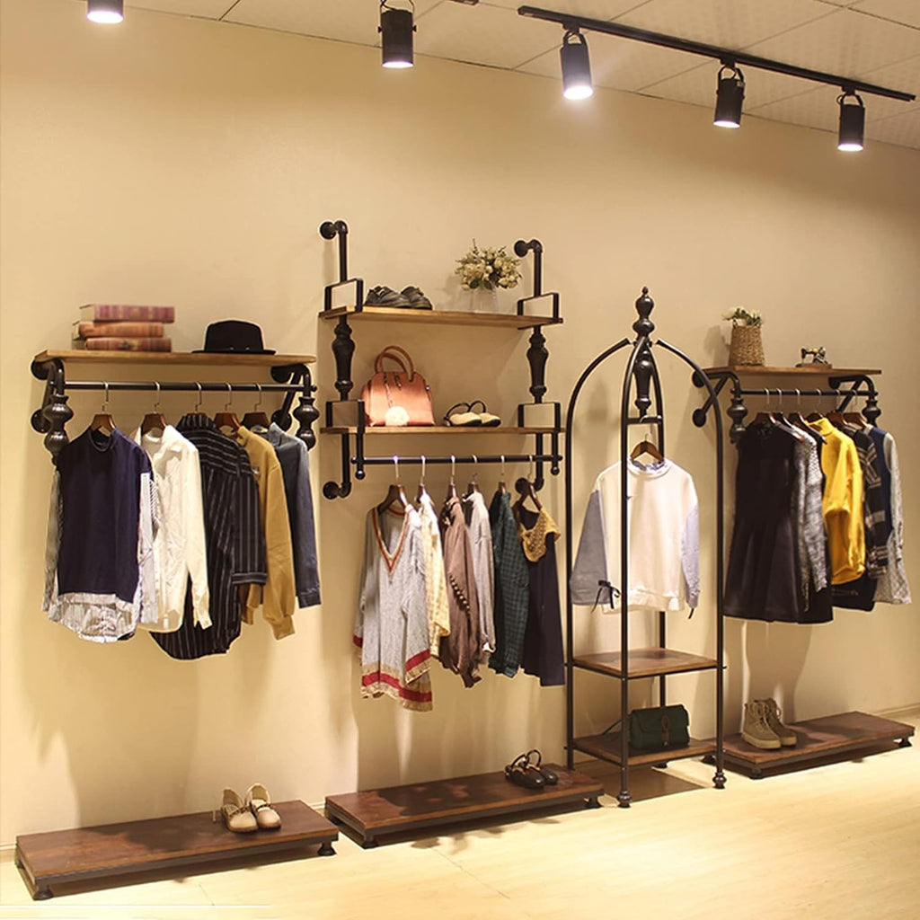 3 Section Garment Rack,Floating Industrial Pipe Garment Rack,Wall Mounted Coat Hanger,Retail Display Garment Rack with Wooden Shelf,Heavy Duty Organizer,STU(2-tiers-120CM