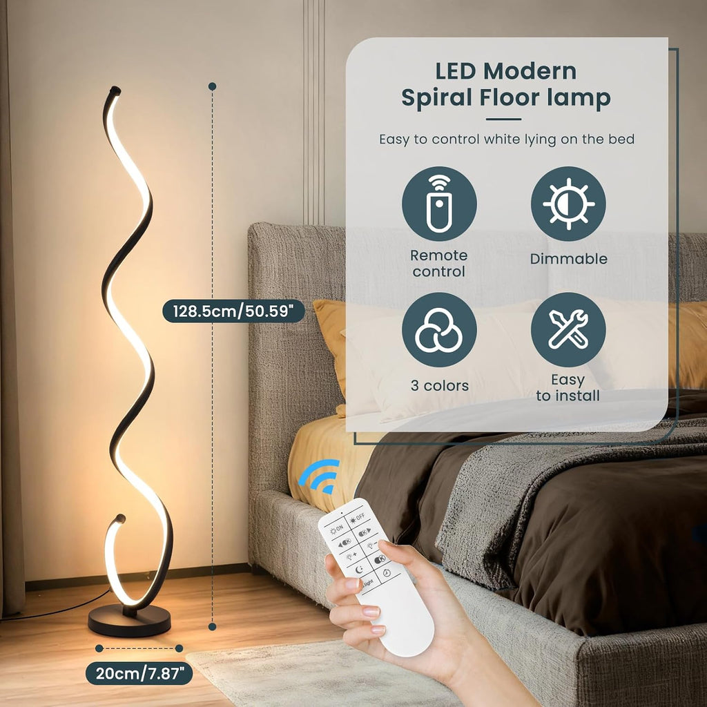 EIDISUNY Modern Floor Lamp for Living Room, 3 Color Temperature LED Spiral Floor Lamps with Remote&Foot Switch, 48W Dimmable LED Standing Lamp for Bedroom, Office(Black)
