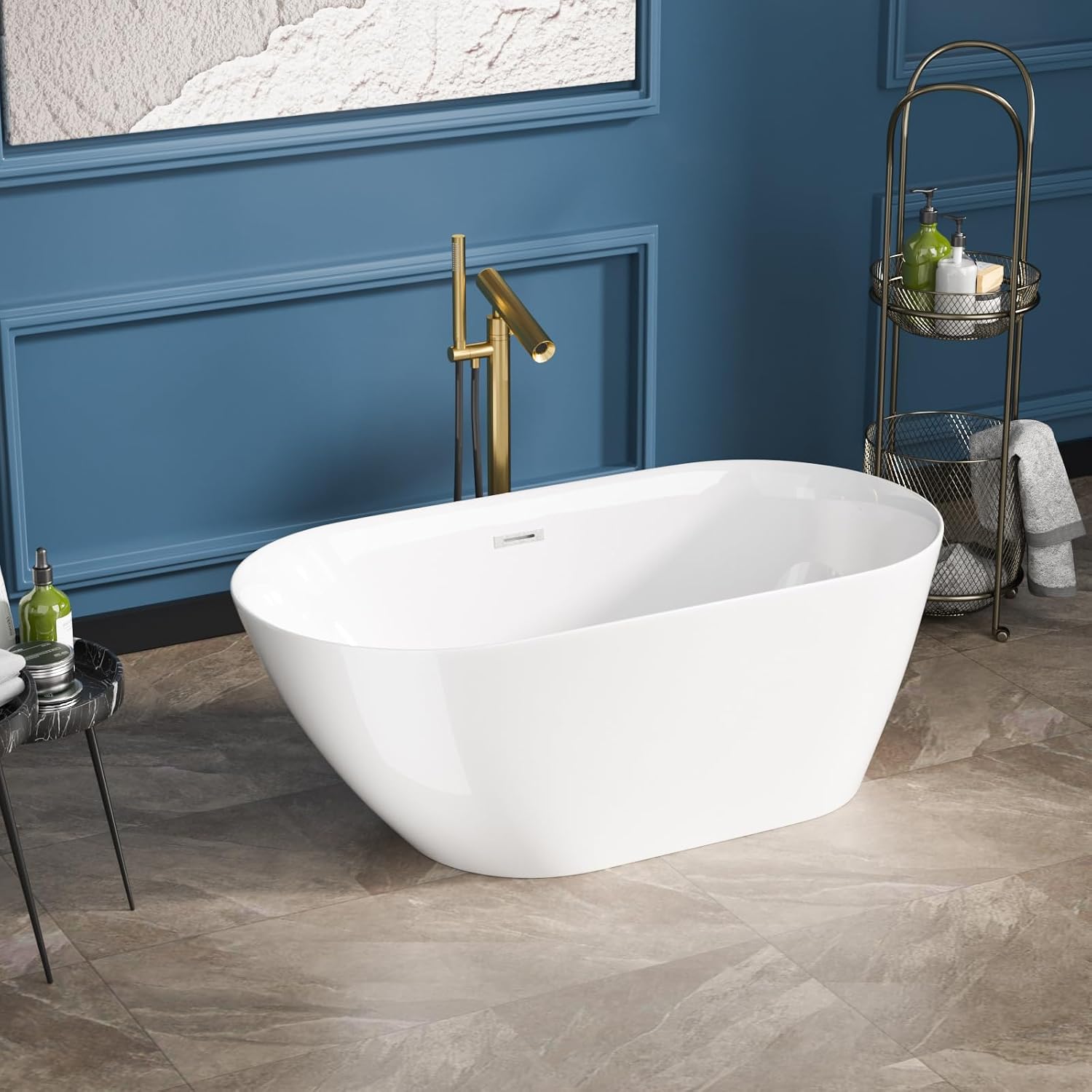 Sarlai 59 Inch Acrylic Freestanding Soaking Bathtub Contemporary Soaking White Tub Stand Alone Ergonomic Bathtub with Chrome Drain and Overflow