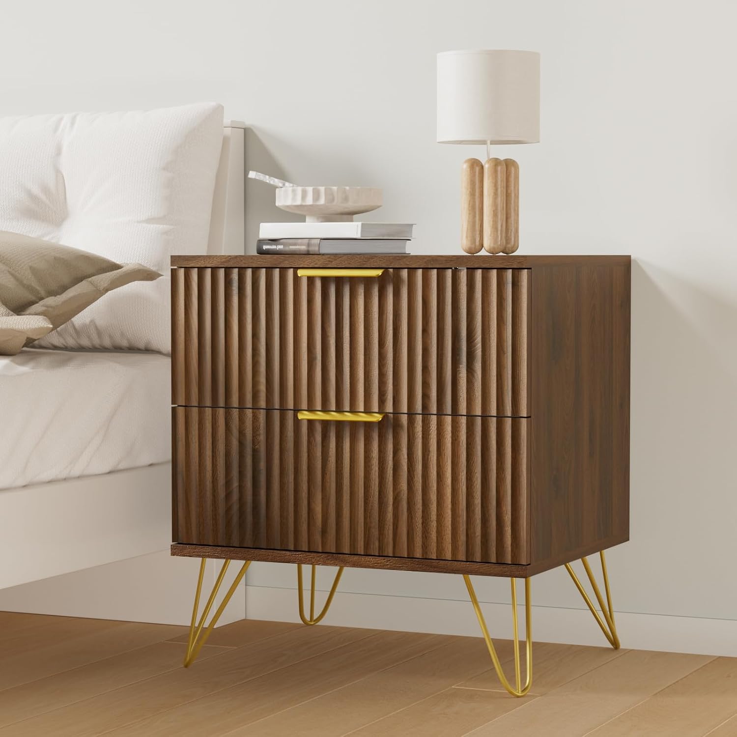 Set of 2 Nightstand, Mid Century Modern Night Stand Bedside Table with 2 Storage Drawer, Bed Side End Table with Golden Handles and Legs for Bedroom, Walnut