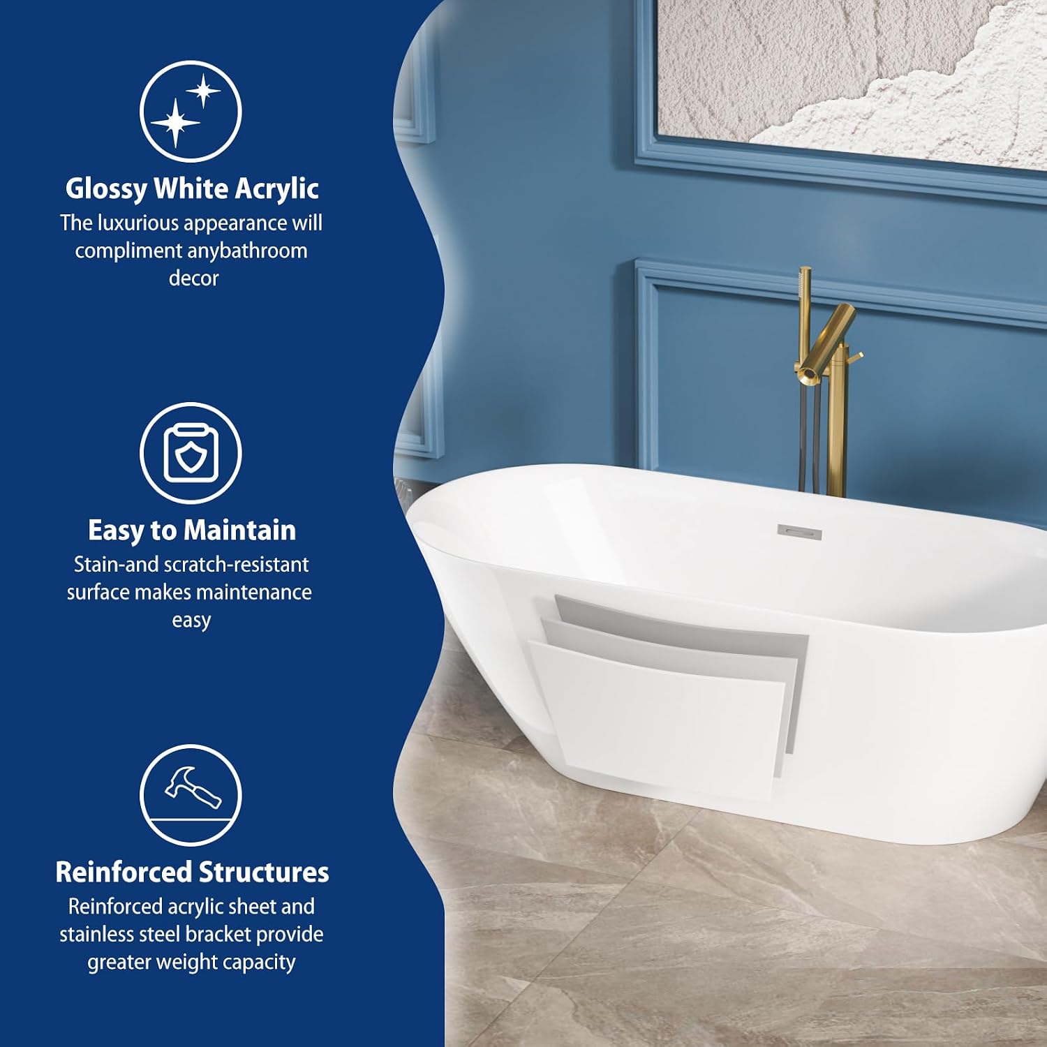 Sarlai 67 Inch Acrylic Freestanding Soaking Bathtub Contemporary Soaking White Tub Stand Alone Ergonomic Bathtub with Chrome Drain and Overflow