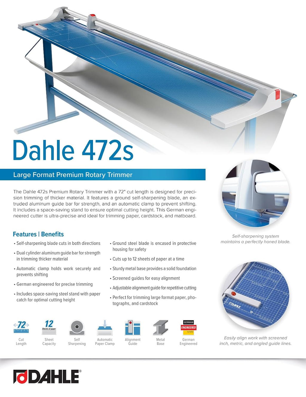 Dahle 472s Premium Rotary Trimmer w/Stand, 72' Cut Length, 12 Sheet Capacity, Self-Sharpening, Automatic Clamp, German Engineered Paper Cutter