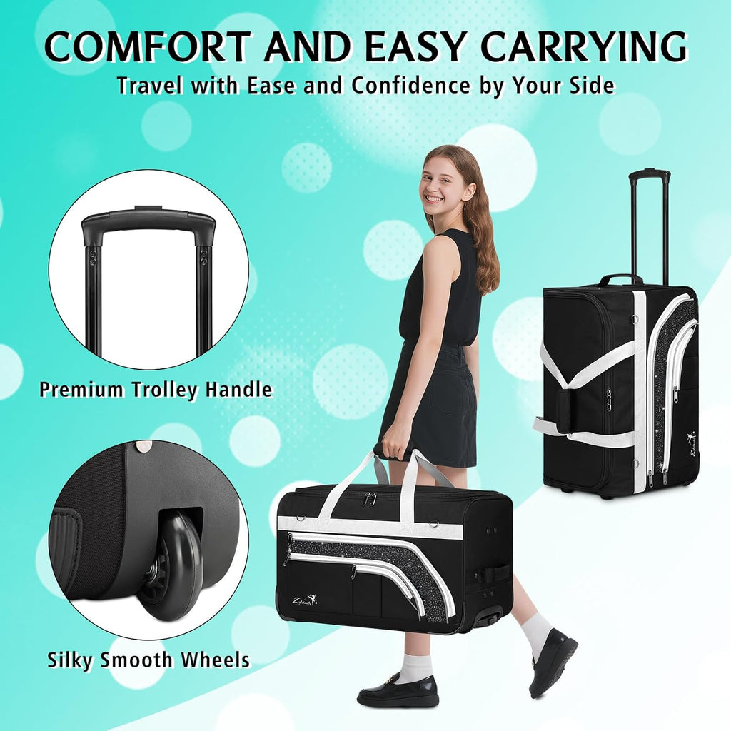 Dance Bag with Garment Rack - 28' Rolling Dance Competition Duffle Bag with Rack | Wheeled Dance Suitcase - Multiple Pockets for Dancers Cheerleader Athlete Travelers Livestreamer Cosplayer