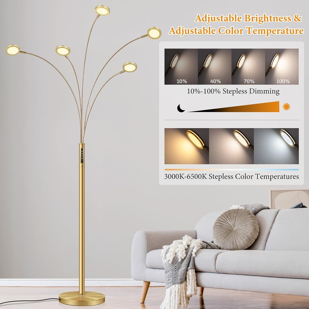 LED Arc Floor Lamp with Remote, 2250LM Dimmable Gold Floor Lamp with Timer, Adjustable Colors, Brightness & 5 Adjustable Arms, Multi-Head Tall Tree Standing Lamp for Living Room Bedroom Corner Office