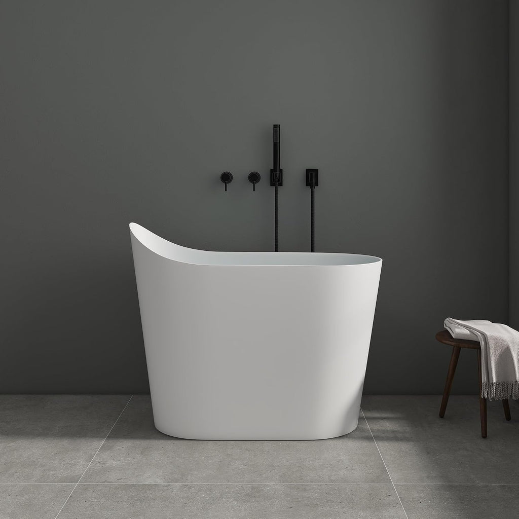 SJ Star&Jane 43' Solid Surface Japanese Soaking Bathtub Stone Resin Freestanding Tub Deep Soaking Bathtub Sit-In Design with Drain