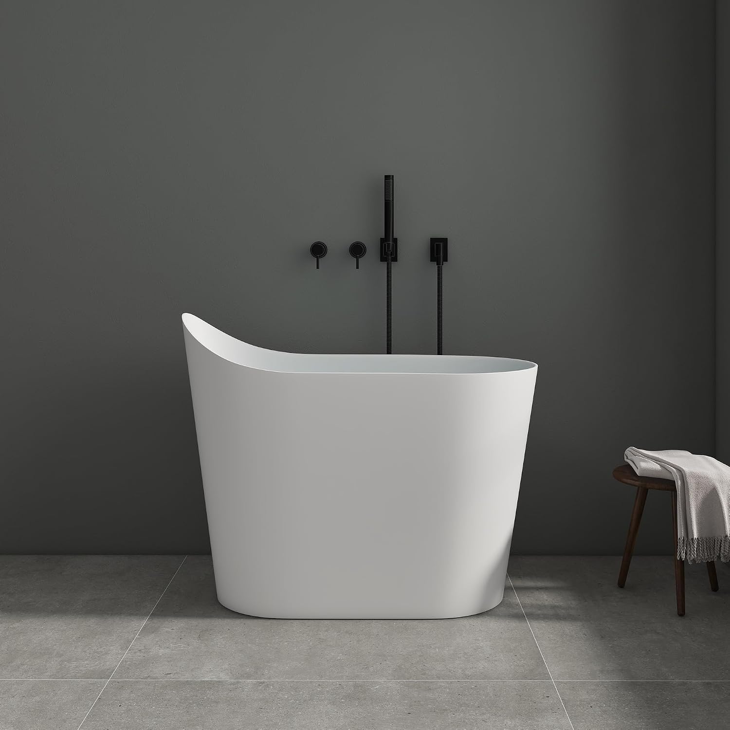 SJ Star&Jane 43' Solid Surface Japanese Soaking Bathtub Stone Resin Freestanding Tub Deep Soaking Bathtub Sit-In Design with Drain