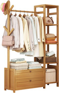 Bamboo Clothing Rack, Heavy Duty Rolling Garment Rack 4 Tier Storage Shelves Garment Rack with Side Hooks & drawers Clothes Racks for Hanging Clothes, Clothes Storage and Display, Wood
