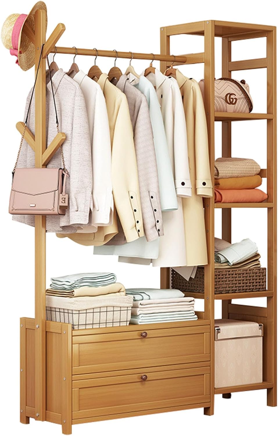 Bamboo Clothing Rack, Heavy Duty Rolling Garment Rack 4 Tier Storage Shelves Garment Rack with Side Hooks & drawers Clothes Racks for Hanging Clothes, Clothes Storage and Display, Wood
