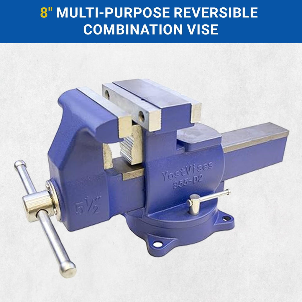 Yost Vises 880-D2 Reversible Combination Vise System | 8 Inch Jaw Width Heavy-Duty Utility Pipe and Bench Vise |Jaw Opens 12.5 Inches when Reversed | Swivel Base | Made with Ductile Iron Castings