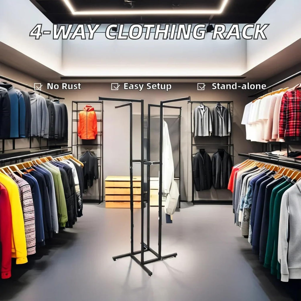 4 Way Heavy Duty Clothes Rack with Straight Arms Black Retail Clothing Rack Square Tubing Adjustable Height Garment Rack Perfect for Clothing Store Display