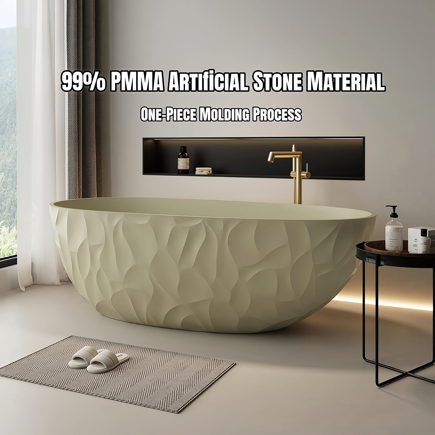 59' Edeyeu Luxury Freestanding Bathtub – Modern Solid Surface Bathtub With Ripple Design, Extra Deep Soaking Tub, Ergonomic Stand Alone Tub For Contemporary Luxury Bathrooms E