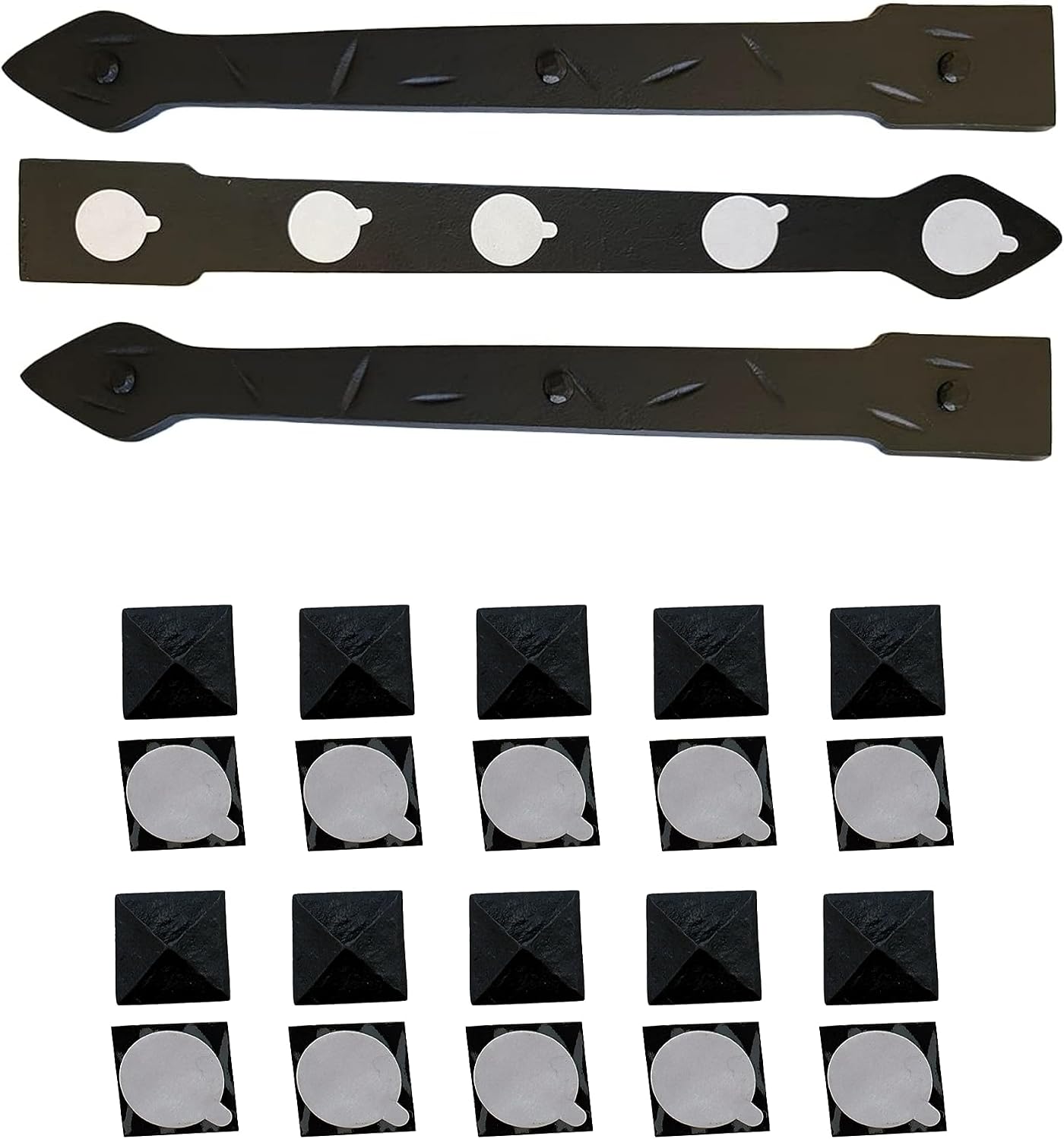 The Rustic Express - Square Pyramid, Self-Adhesive Clavo & Strap Kit - Decorative Clavos for Fiberglass, Wood, Metal Doors & Garage Doors - 3 Straps (18'), 20 Clavos (1-1/4') - Black