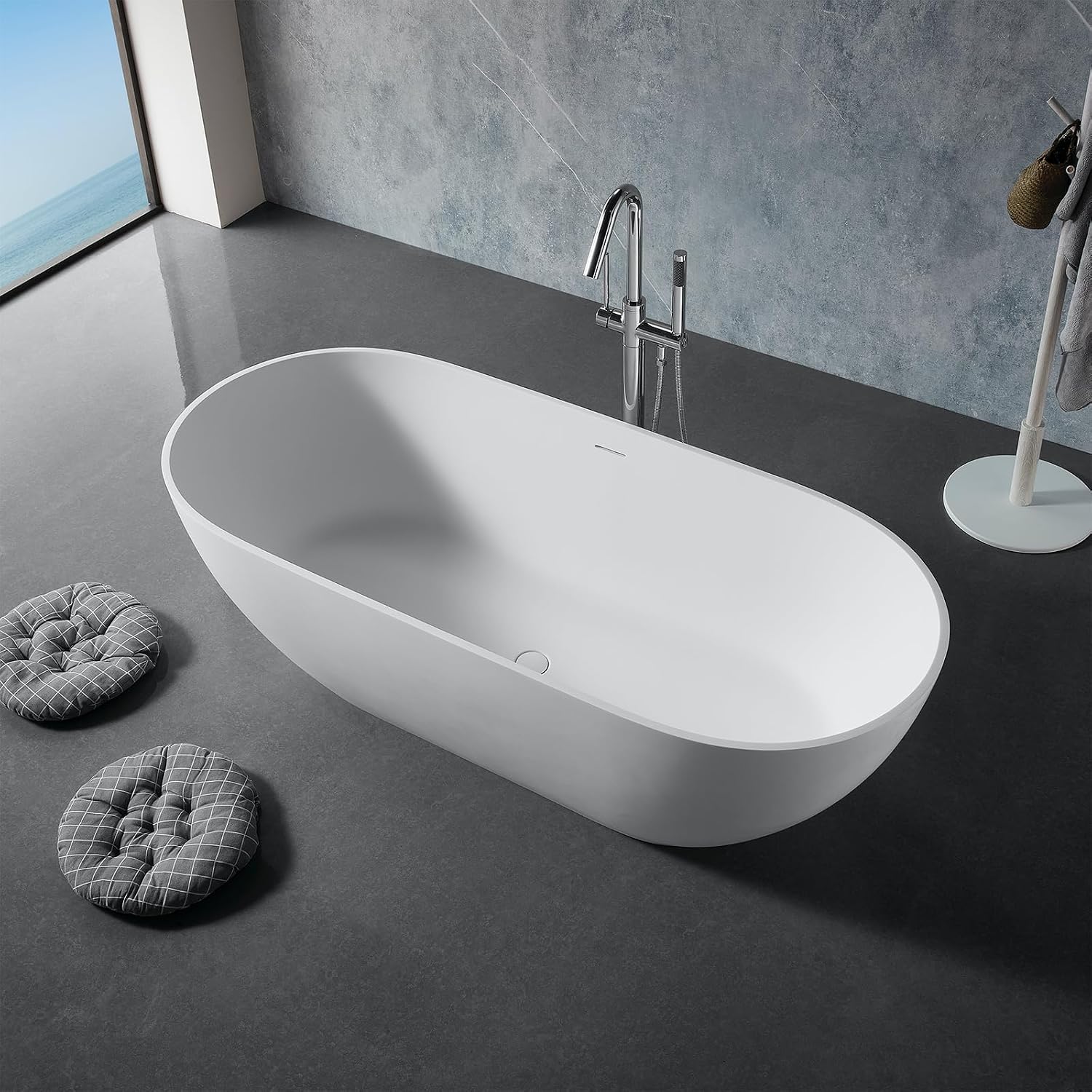 TONA 59' Stone Resin Freestanding Bathtub， Modern Oval Solid Surface Soaking Stand Alone Tub, Matte White, Drain & Overflow Included