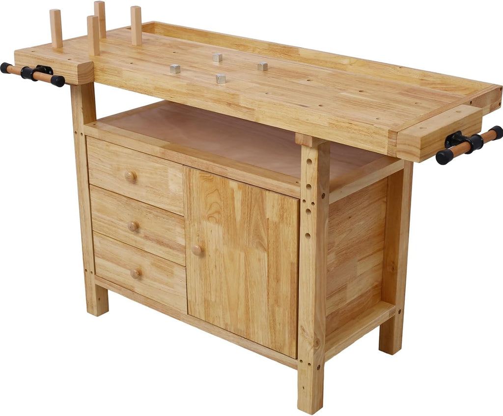 Gecheer Wooden Workbench for Garage and Workshop – Rubberwood Table with 3 Drawers, 1 Cabinet, Bar Clamps Set (2x12 + 2x24), 55'x24.4'x33.1'