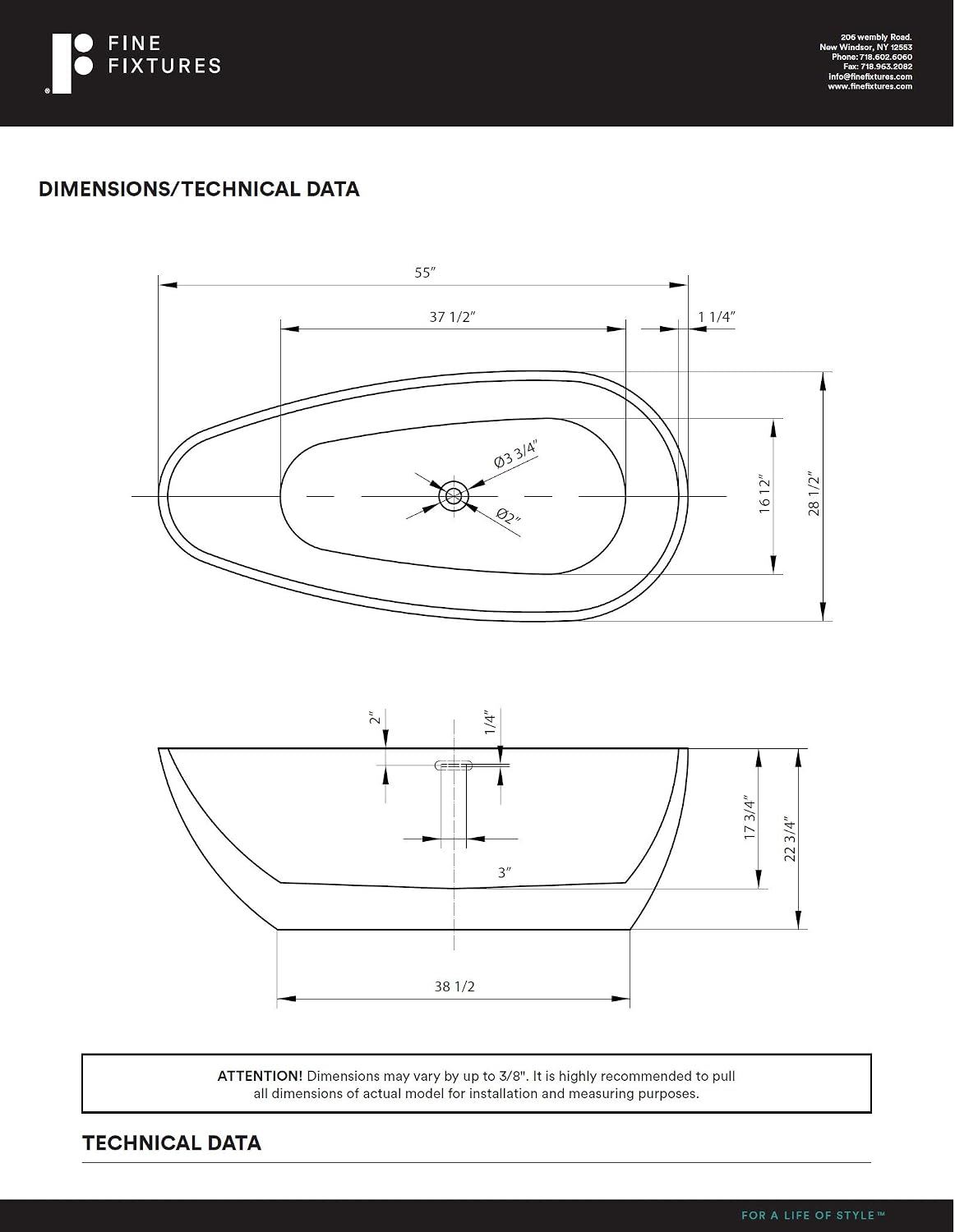 Fine Fixtures Capsule Freestanding Bathtub White 55' With Drain Included