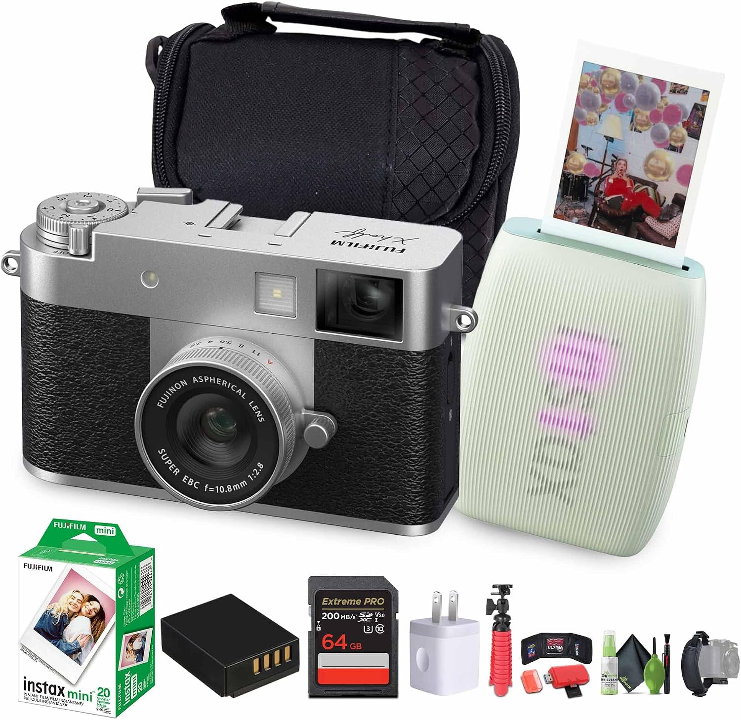 FUJIFILM X Half Premium Compact Digital Camera (Silver) Bundle with Fuji Link 3 Smartphone Printer (Sage Green) + Instax Mini Film + 64GB Memory Card + Flexible Tripod + Cleaning Kit + More