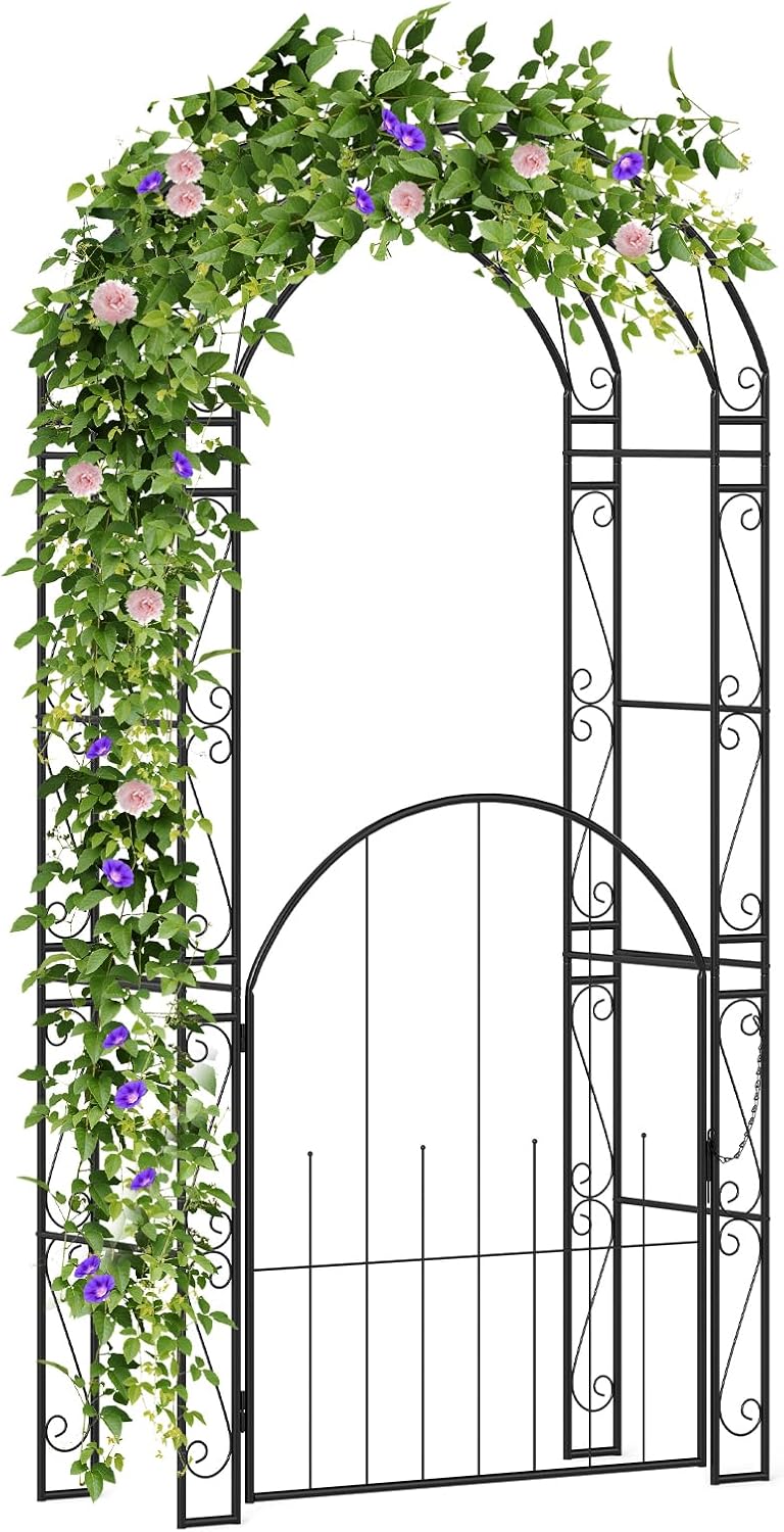 HAPPYGRILL 84' Garden Arbor with Gate & Climbing Trellises, Metal Garden Arch Archway for Outdoor Climbing Plant Rose Vine, Wedding Arch for Ceremony, Backyard Lawn Party Decor Patio Entrance