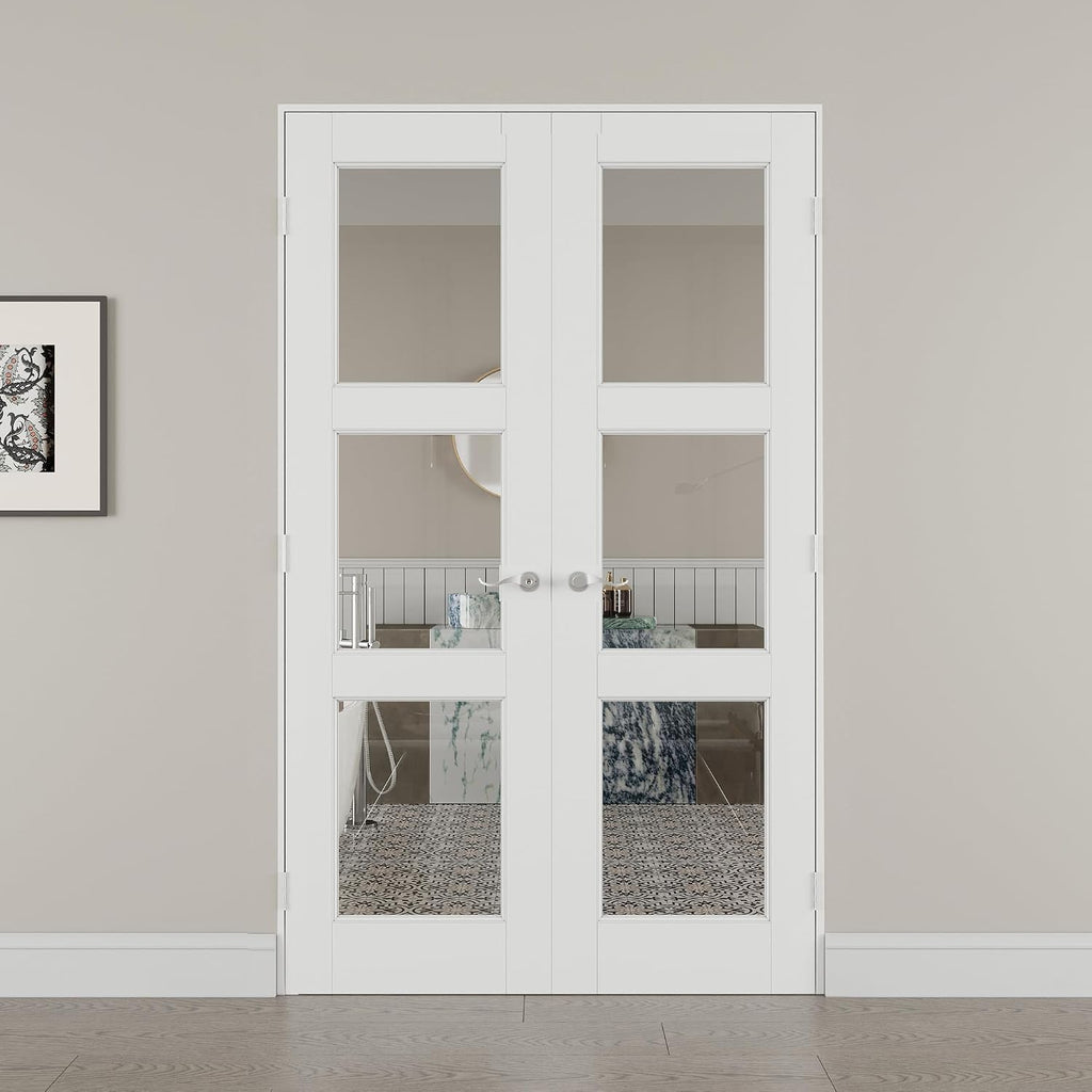 48' x 80' French Doors Interior (Double 24' x 80' 3-Lite Clear Glass Door with Silver Hinge Prehung Jamb Kit), Pre-Finished & Paintable, Prebuilt Home Door Panels & Assembly Required Jamb