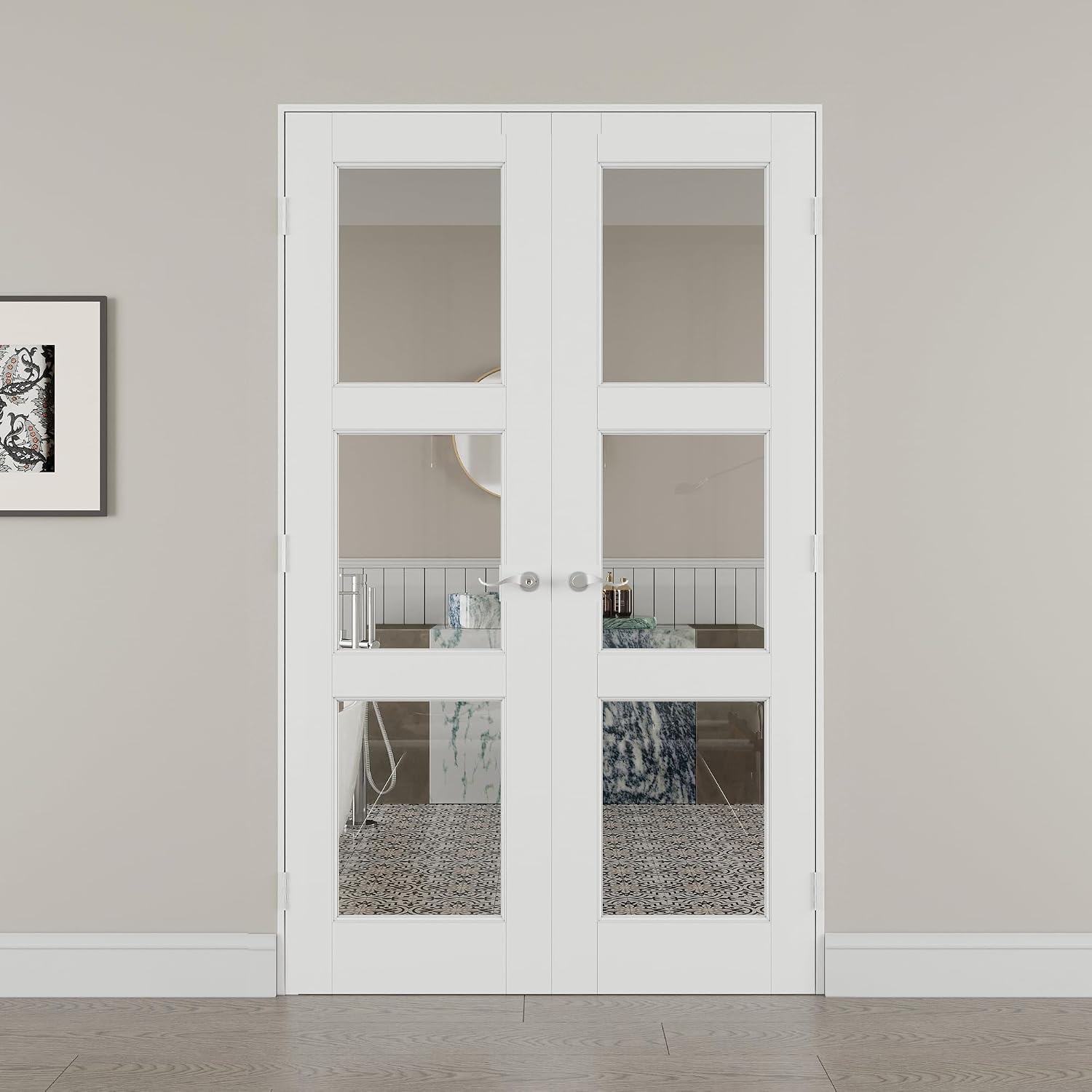 48' x 80' French Doors Interior (Double 24' x 80' 3-Lite Clear Glass Door with Silver Hinge Prehung Jamb Kit), Pre-Finished & Paintable, Prebuilt Home Door Panels & Assembly Required Jamb