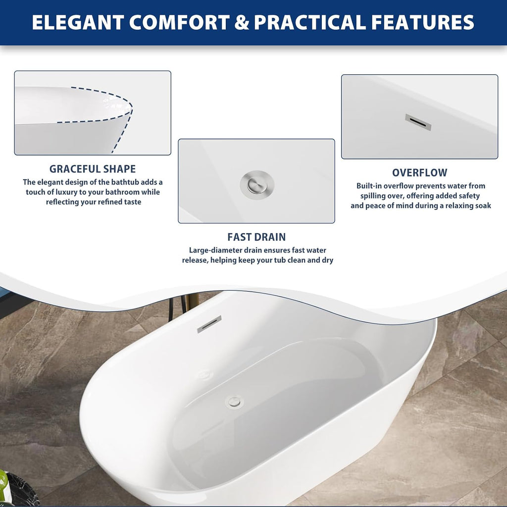 Sarlai 59 Inch Acrylic Freestanding Soaking Bathtub Contemporary Soaking White Tub Stand Alone Ergonomic Bathtub with Chrome Drain and Overflow