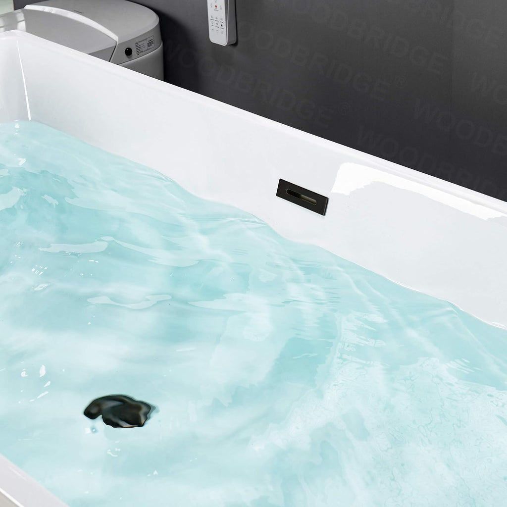 WOODBRIDGE 67' Acrylic Freestanding Bathtub Contemporary Soaking White Tub with Matte Black Overflow and Drain，BTA1512-MB-Drain&O