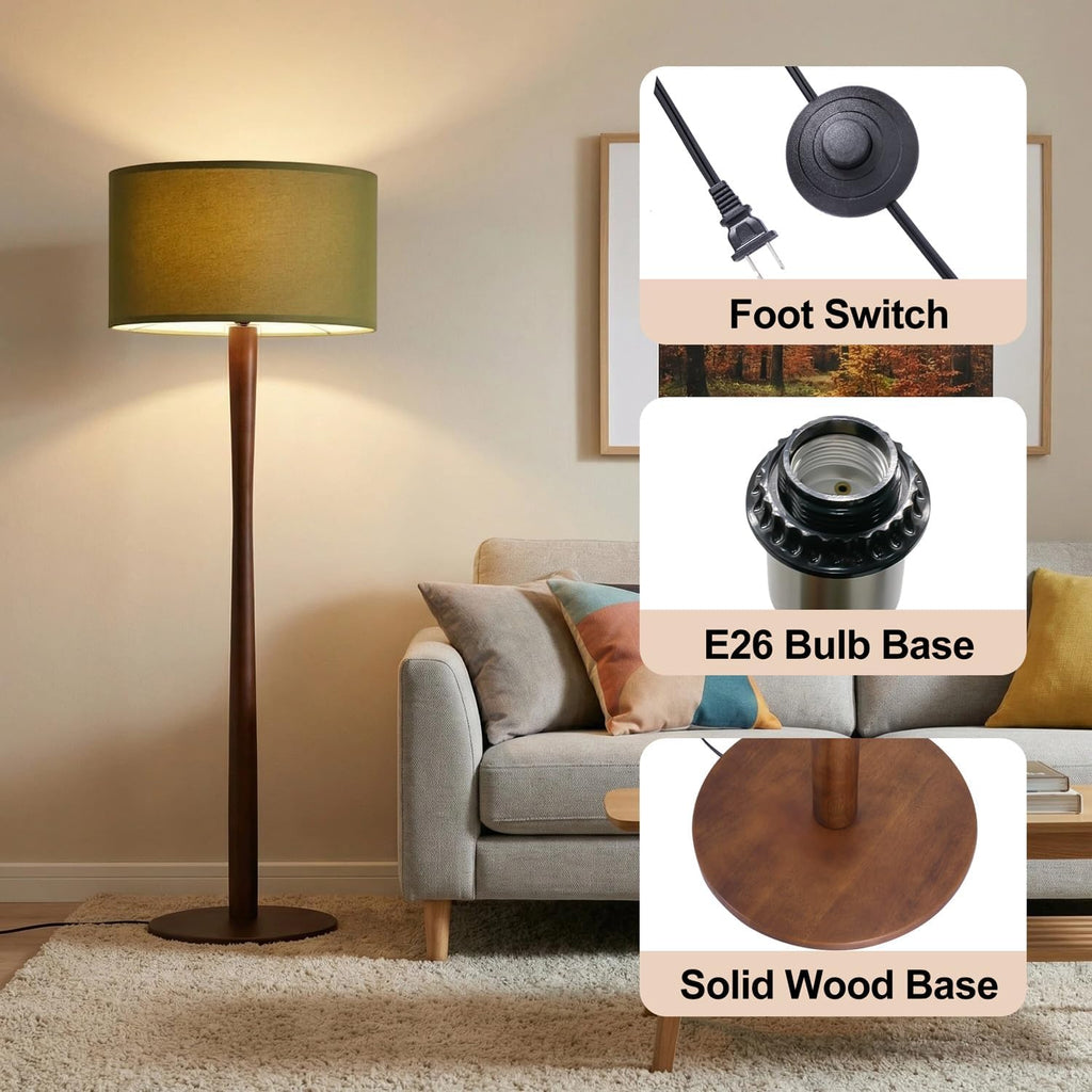 62' Tall Rustic Wood Floor Lamp for Living Room, Farmhouse Walnut Wood Floor Lamps with Linen Shade, UL Listed Standing Lamps with Wooden Base for Bedroom, Corner, Dining Room,Office, Green Shade