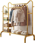 YSUEFIJO Heavy Duty Clothes Rack for Hanging Clothes, Double Rod Clothing Garment Rack, Portable Clothing Rack Metal, Free Standing Wardrobe Rack, Multi-Functional Bedroom Clothes Rack