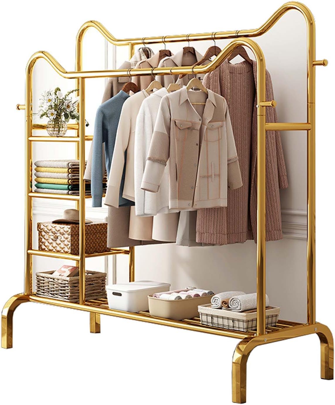 YSUEFIJO Heavy Duty Clothes Rack for Hanging Clothes, Double Rod Clothing Garment Rack, Portable Clothing Rack Metal, Free Standing Wardrobe Rack, Multi-Functional Bedroom Clothes Rack