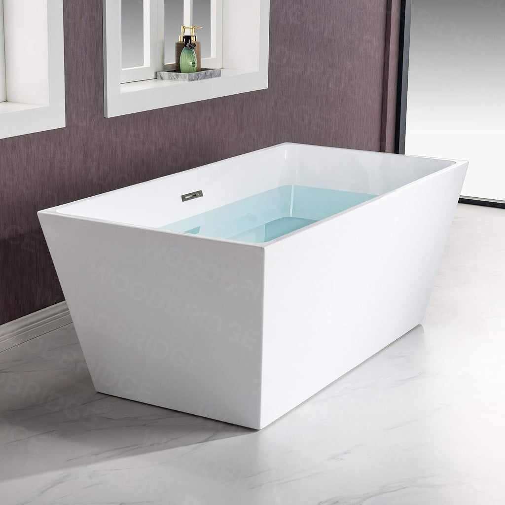 WOODBRIDGE 59' Acrylic Freestanding Bathtub Contemporary Soaking White Tub with Brushed Nickel Overflow and Drain，BTA1412-B/N-Drain&O