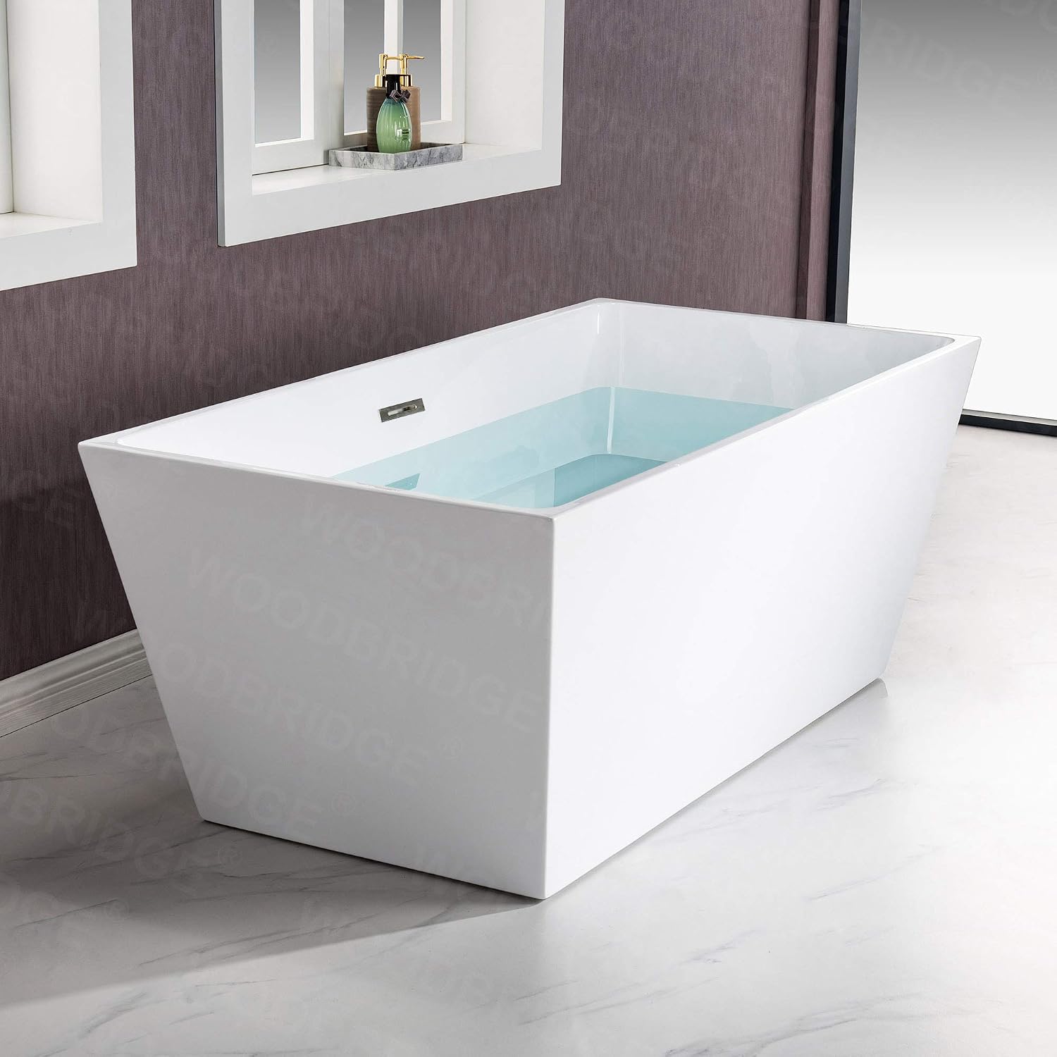 WOODBRIDGE 59' Acrylic Freestanding Bathtub Contemporary Soaking White Tub with Brushed Nickel Overflow and Drain，BTA1412-B/N-Drain&O