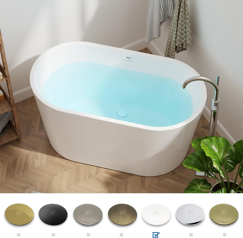 FerdY Shangri-La 47' Acrylic Freestanding Bathtub, Small Classic Oval Shape Acrylic Soaking Bathtub with Minimalist Linear Design Overflow & White Drain, Modern White, cUPC Certified